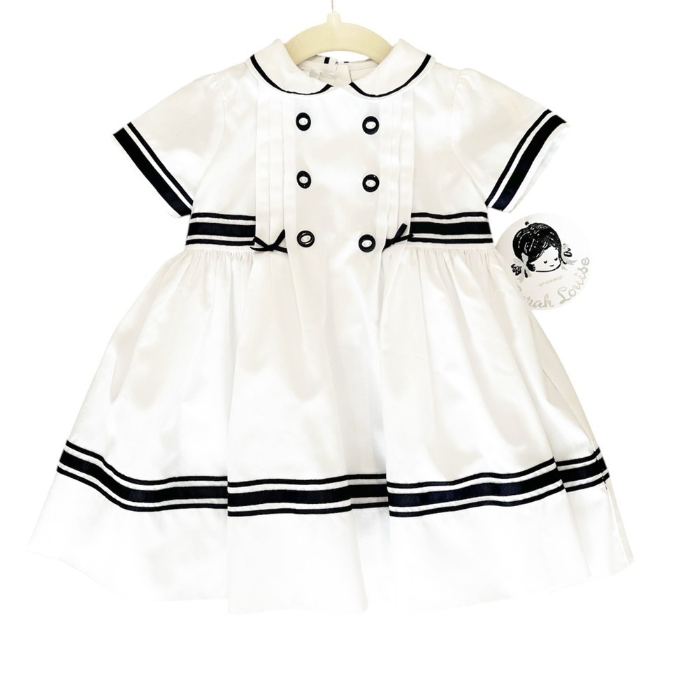 Sarah Louise Baby Girl White & Blue Cotton Sailor Dress size 12 Month NEW